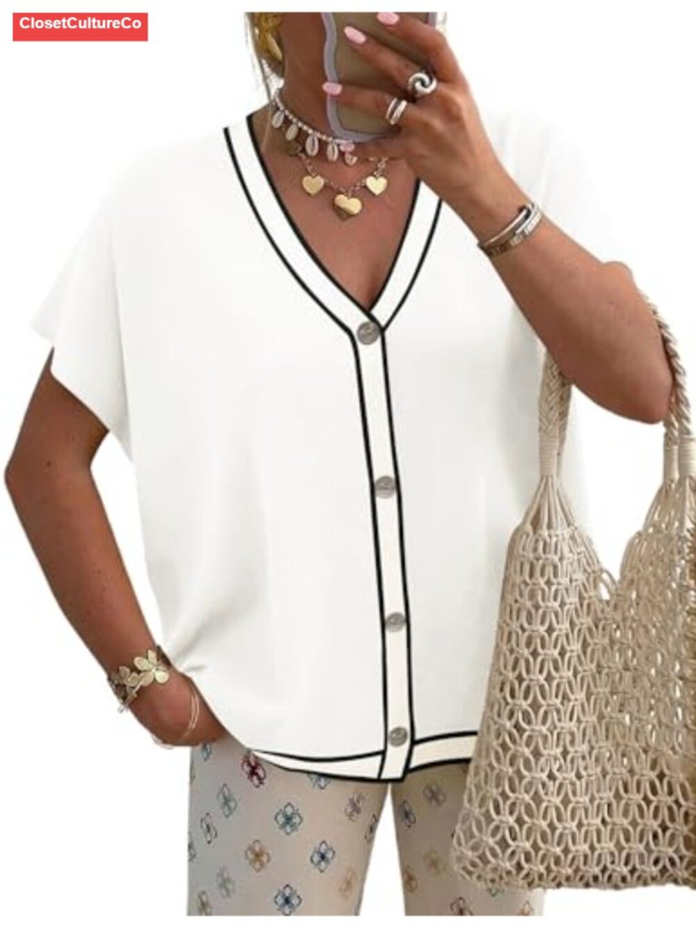 Oversized Short Cap Sleeve V-Neck Button Knit Cardigan Sweater